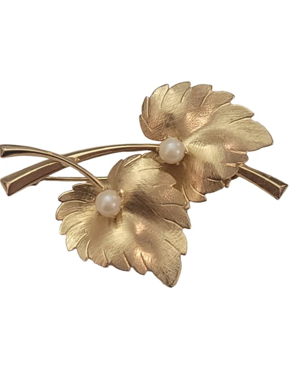 Gold Tone Genuine Pearl Double Leaf Brooch Pin K908